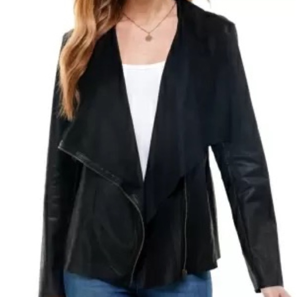 Kingston Grey Faux Leather Draped Jacket in Metallic Black Size Large NWT - Picture 1 of 11